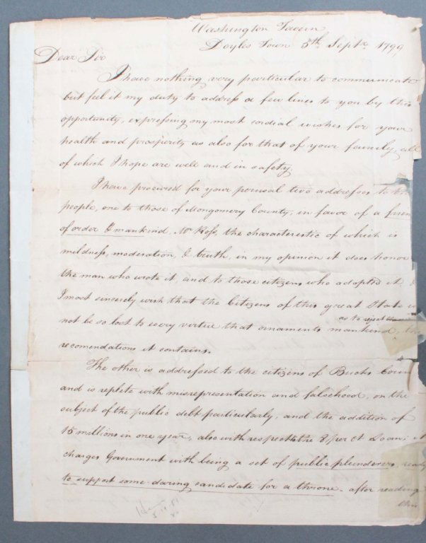 Timothy Bangor. ALS advocating sedition law, 1799.: [Federalist Political Advocacy]. Timothy Banger. ALS. 3rd paragraph discusses an address “to the citizens of Bucks County…” which is “replete with misrepresentation and falsehood, on the subje