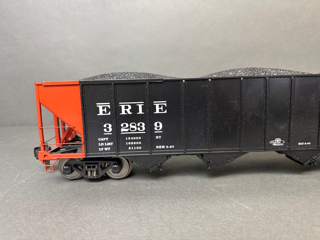 Rail King/Mikes Train House g scale 4-Bay Hopper with Coal - Erie - 70-70011 Note car does NOT come: Rail King/Mikes Train House g scale 4-Bay Hopper with Coal - Erie - 70-70011 Note car does NOT come with a box; car number is 32839; see photos for imperfections