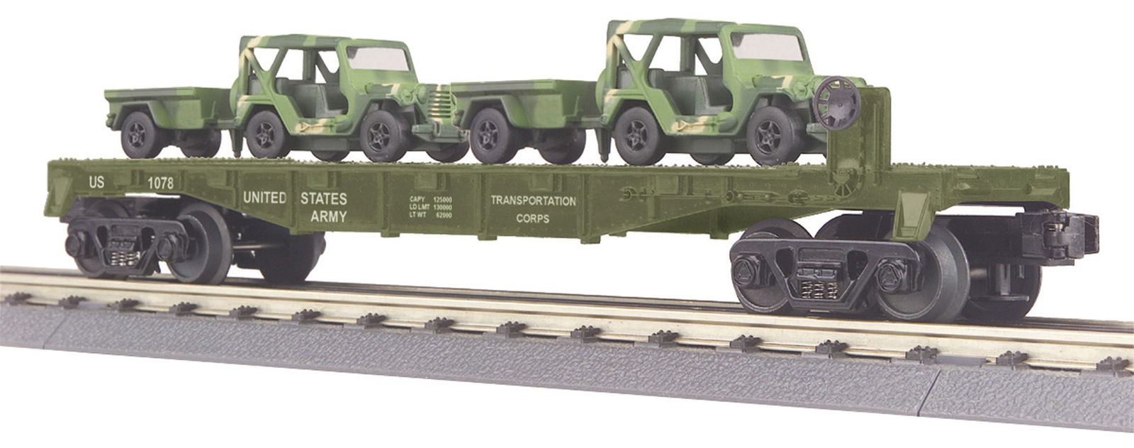 Rail King/Mikes Train House O scale Flat Car with Jeep and Trailer - Army - 30-76041 Car is NEW in (1 of 4)