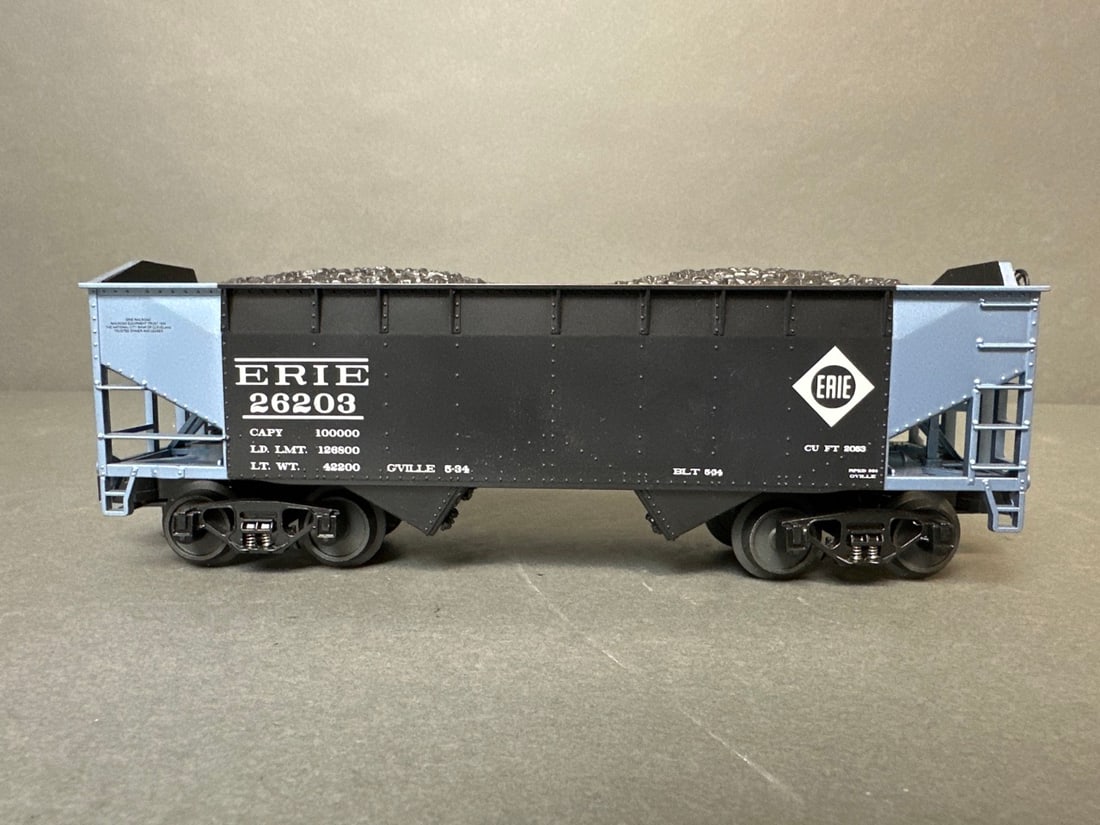 Mikes Train House O-Scale Hoppers with Coal Loads 4-car Set - Erie - 30-75190 Note cars do NOT come: Mikes Train House O-Scale Hoppers with Coal Loads 4-car Set - Erie - 30-75190 Note cars do NOT come with boxes; car numbers are 26203, 26206, 26208, and 26215; see photos for imperfections - 26206 is