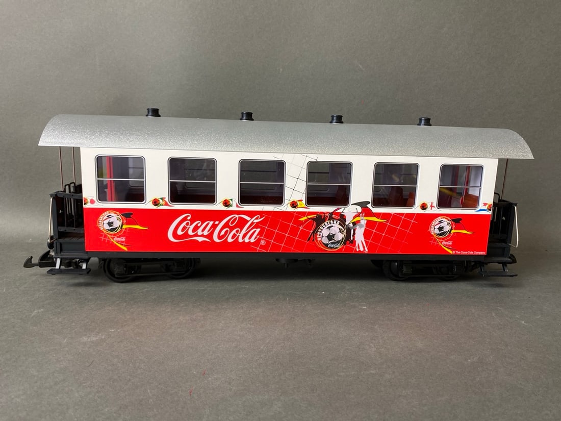 LGB trains G-scale mismatch Coca-Cola Passenger Cars - HSB and Fussball - 32736 and 35733 Cars come (1 of 14)