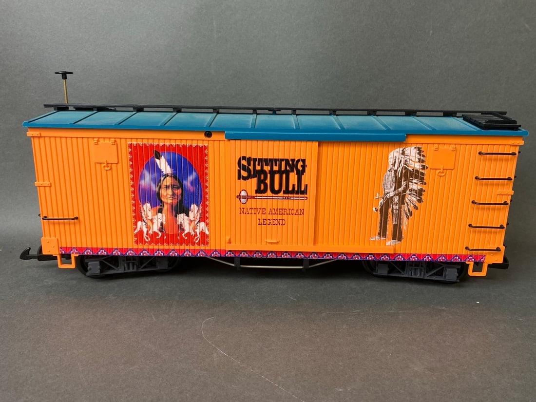 LGB trains G-scale mismatch cars - Sitting Bull Box Car, Tiffany DSP & PRR Reefer Car, and D&RGW: LGB trains G-scale mismatch cars - Sitting Bull Box Car, Tiffany DSP & PRR Reefer Car, and D&RGW Cattle Stock Car - 44673, 4074, and 4068 Note only two cars come with original boxes; see photos for an