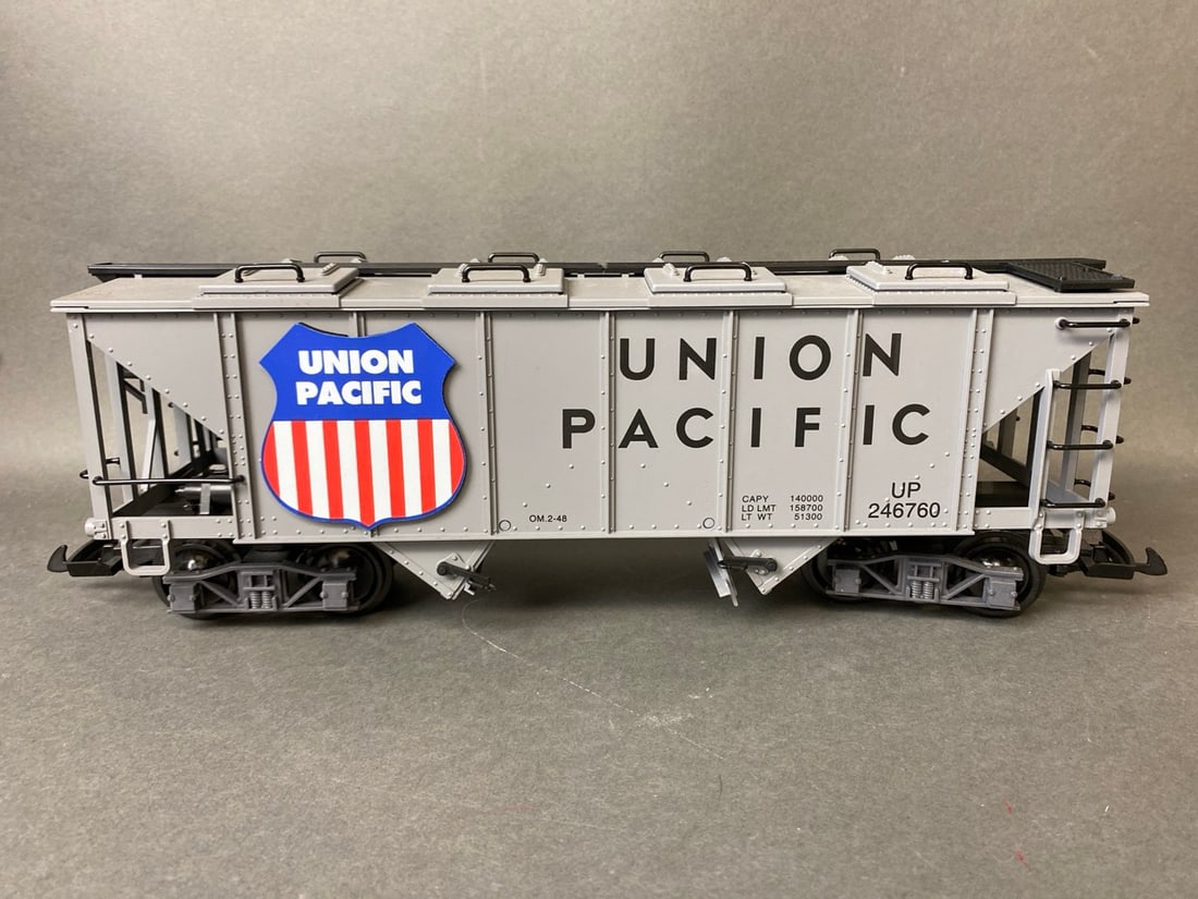 LGB trains G-scale mismatch hopper cars - UP covered hopper car, Peabody 2-bay hopper with coal: LGB trains G-scale mismatch hopper cars - UP covered hopper car, Peabody 2-bay hopper with coal load, and Burlington coal hopper car - 46760, 4076X01, and 4076M01 Burlington car is missing coal insert