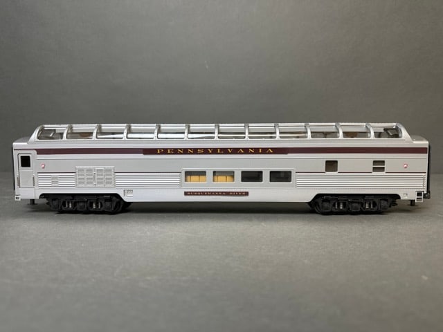 Mikes Train House O-Scale Pennsylvania - Streamlined Passenger Coach and Vista Dome Cars - 20-67024,: Mikes Train House O-Scale Pennsylvania - Streamlined Passenger Coach and Vista Dome Cars - 20-67024, 20-67119 (2), and 20-60001 Note cars all come with individual original boxes; car names/ numbers ar