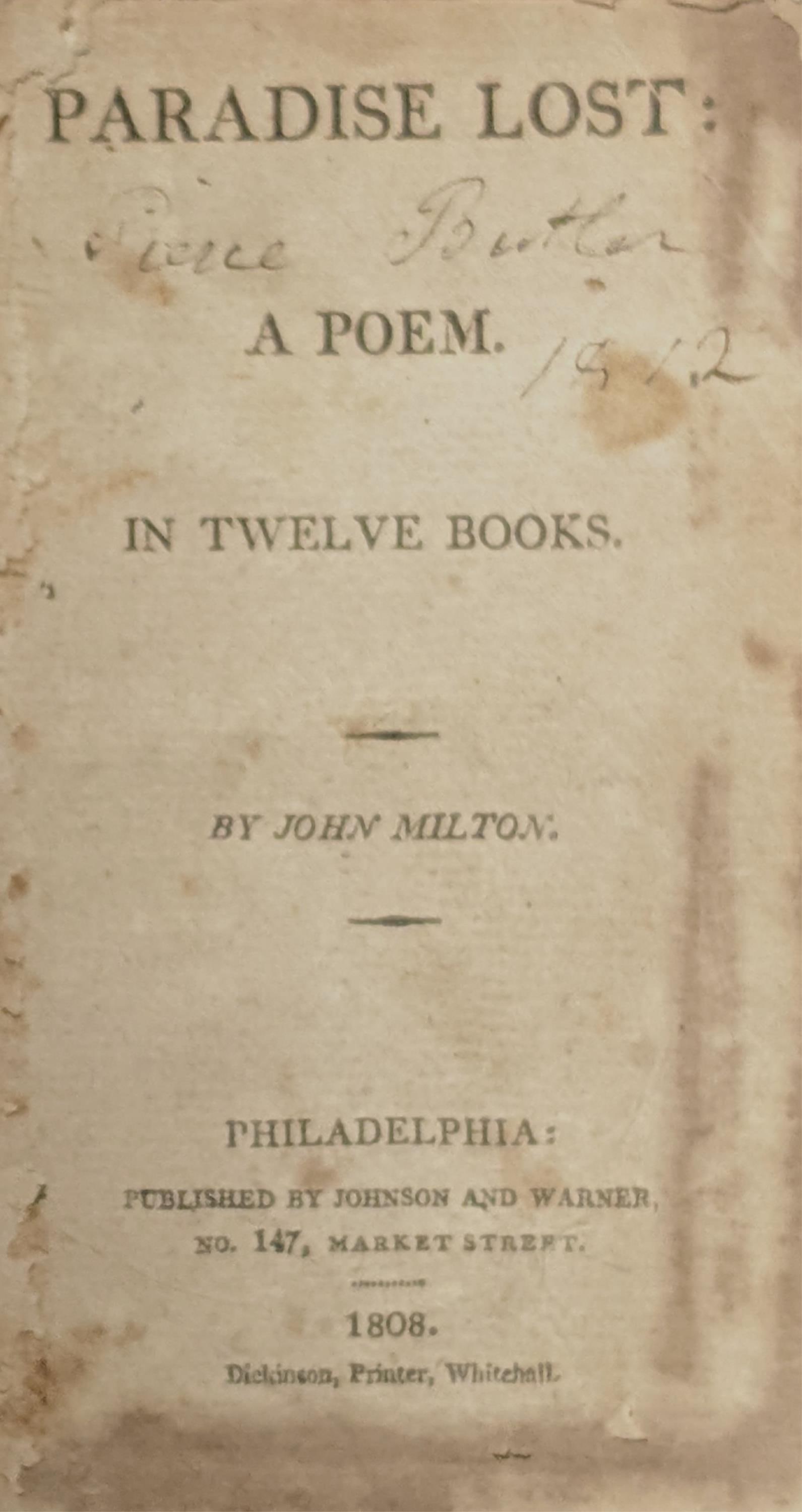 Paradise Lost. Pierce Butler's Copy. (1 of 1)