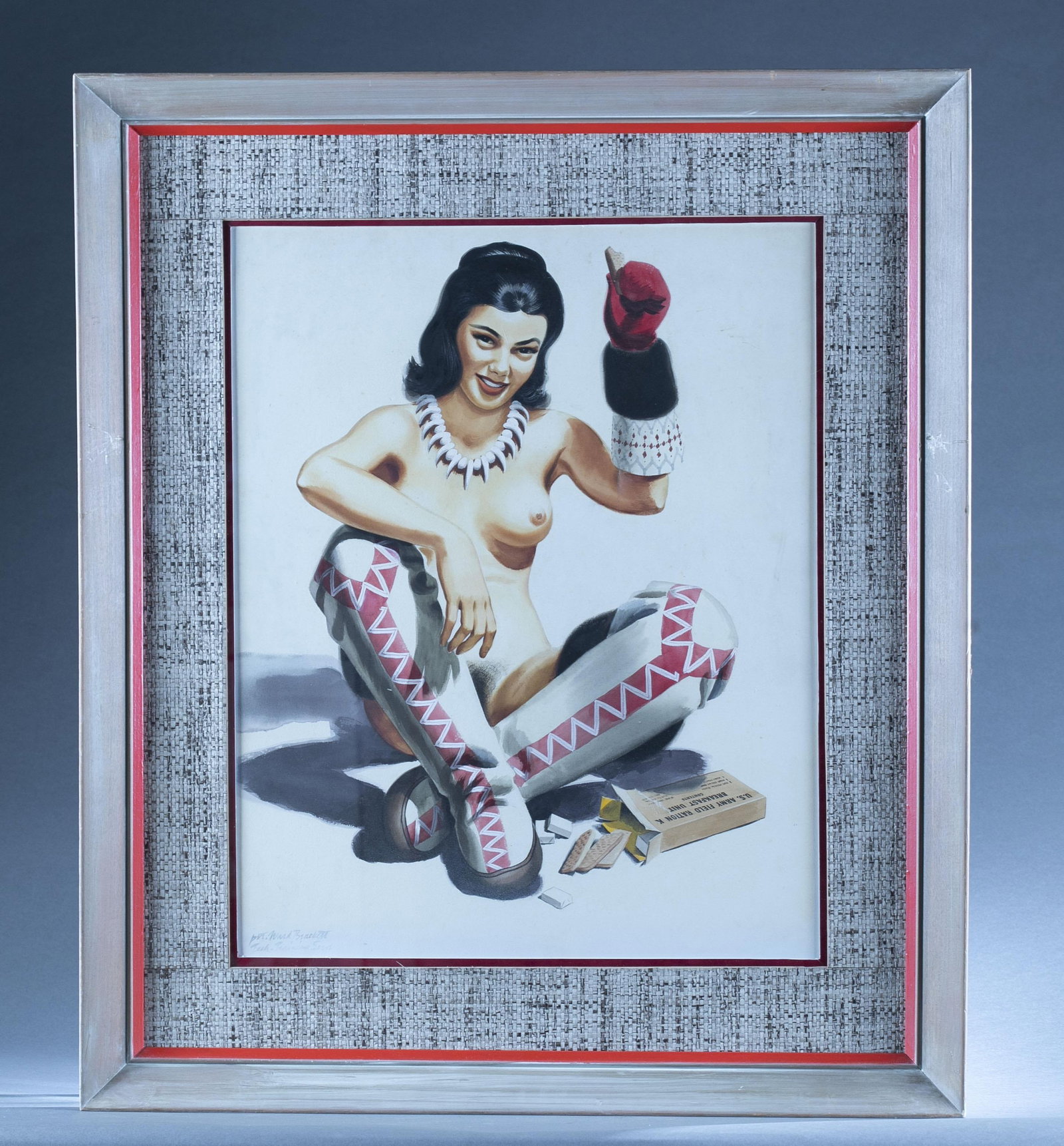 WWII Ward Brackett watercolor pinup girl: A WWII Ward Brackett (American, 1914-2006) nude Inuit woman eating Army K rations pinup girl. Watercolor on paper. Signed lower left "Pvt. Ward Brackett/ Tech Training Serv." Frame: 36 1/2" x 31" Sigh