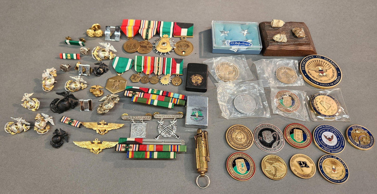 Desert Storm insignia, challenge coins, & others: U.S. Desert Storm insignia, challenge coins, and others ++ 14 challenge coins. ++ Insignia and medals including Kuwait Liberation medal, Kuwait Liberation Medal (Kingdom of Saudi Arabia), and Southwes