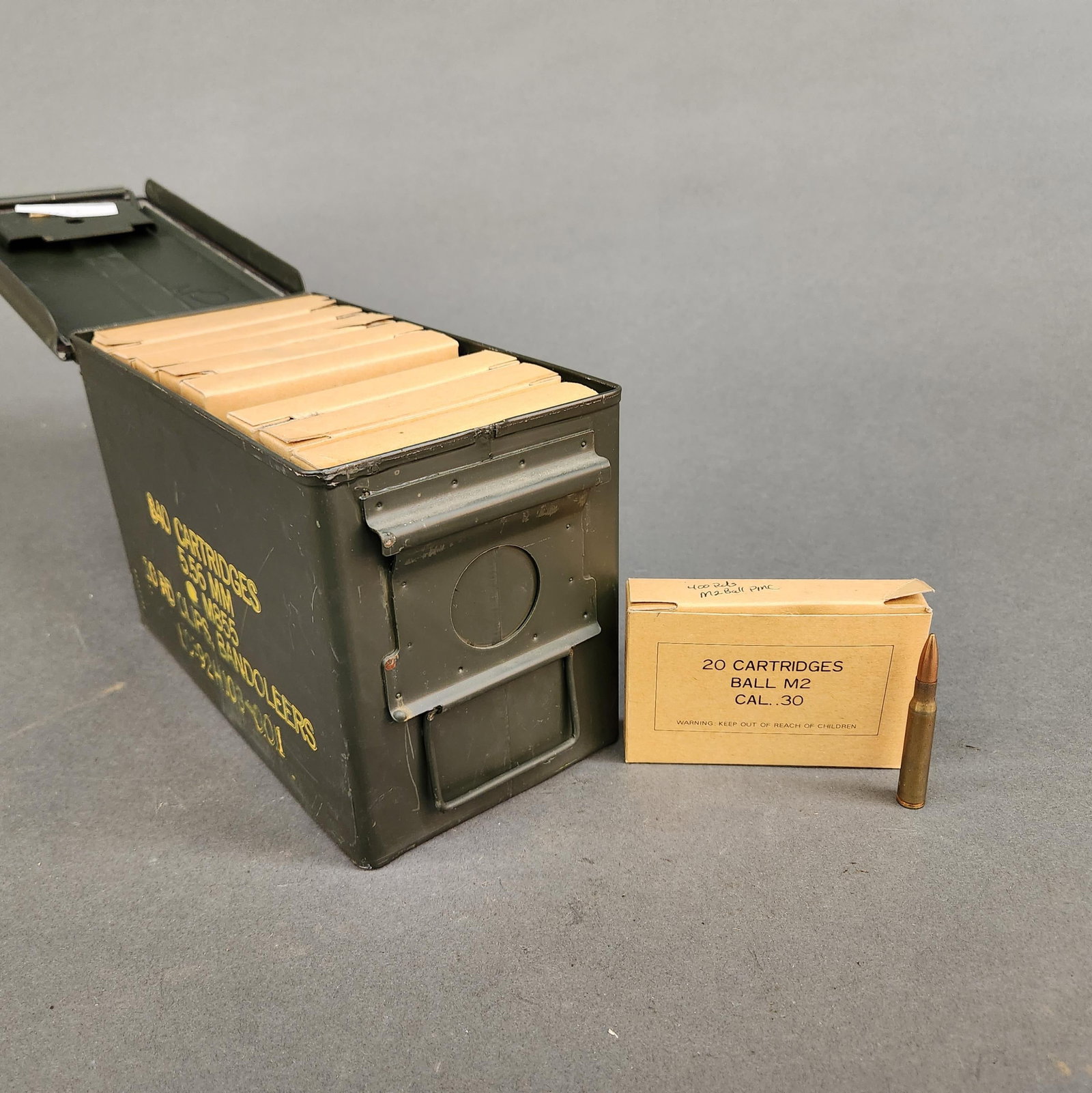 Korean Mil Surp PMC M2 Ball 30-06, 400 rounds: A group of Korean Military Surplus PMC M2 Ball 30-06 ammunition, 400 rounds. 20 boxes of 20 rounds. Corrosive primers. A 5.56mm ammunition can.