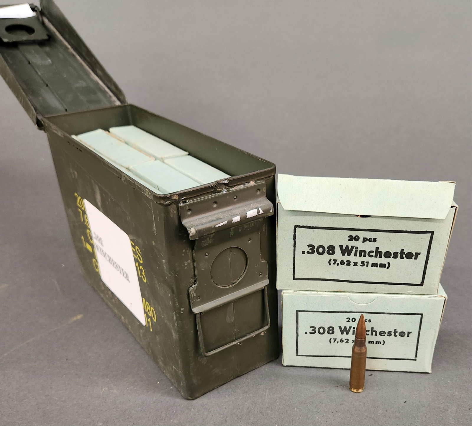 Czech Mil Surp .308 Win ammunition, 280 rounds: A group of Czech Military Surplus .308 Win ammunition, 280 rounds. 14 boxes of 20 rounds. Corrosive primer. Includes 7.62mm Cal ammunition can.