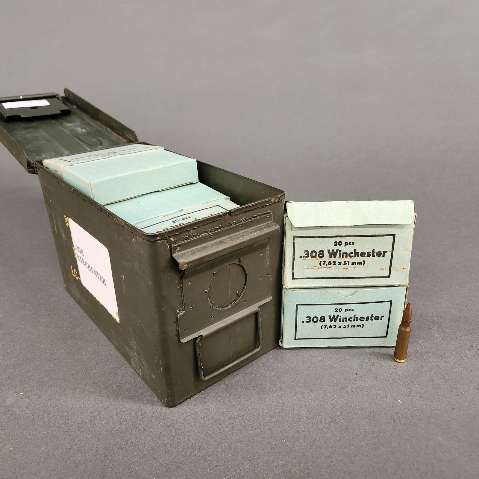 Czech Mil Surp .308 Win ammunition, 520 rounds: A group of Czech Military Surplus .308 Win ammunition, 520 rounds. 26 boxes of 20 rounds. Corrosive primer. Includes 50 Cal ammunition can.