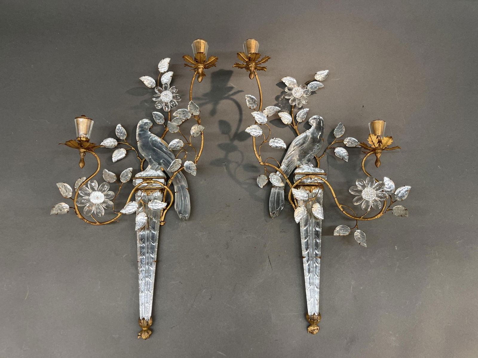 Maison Bagues style bird sconces.: A pair of Maison Bagues style glass bird sconces. 24" x 13".