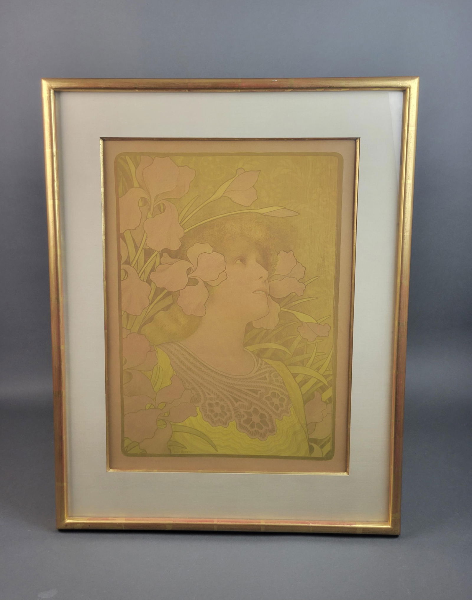 Berthon, "Sarah Bernhardt", 1901, Lithograph: Berthon, Paul. (French 1875-1910.) "Sarah Bernhardt" [as Melisande in La Princesse Lointaine.] 1901. Lithograph. Imprimerie Bourcerie & Cie. Plate signed l.l. Framed and matted. Image size: 14 1/4" x