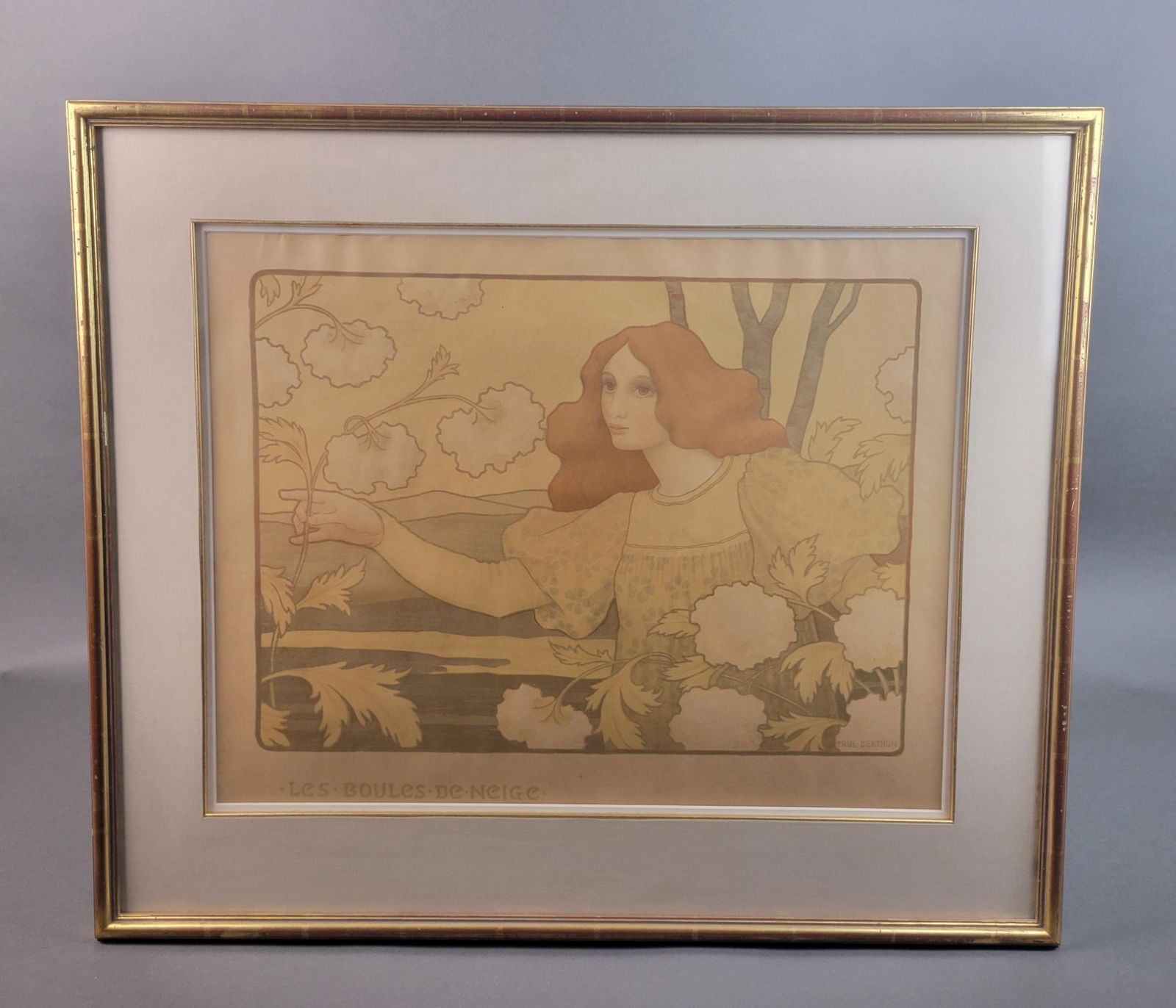 Berthon, "Les Boules De Neige," 1900, Lithograph.: Berthon, Paul. (French 1875-1910.) "Les Boules De Neige." 1900. Lithograph. Published by Chaix, Paris. Plate signed l.r. Title l.l. Image size: 21" x 15 1/4". Frame size: 31 1/2" x 23 3/8".Sight very