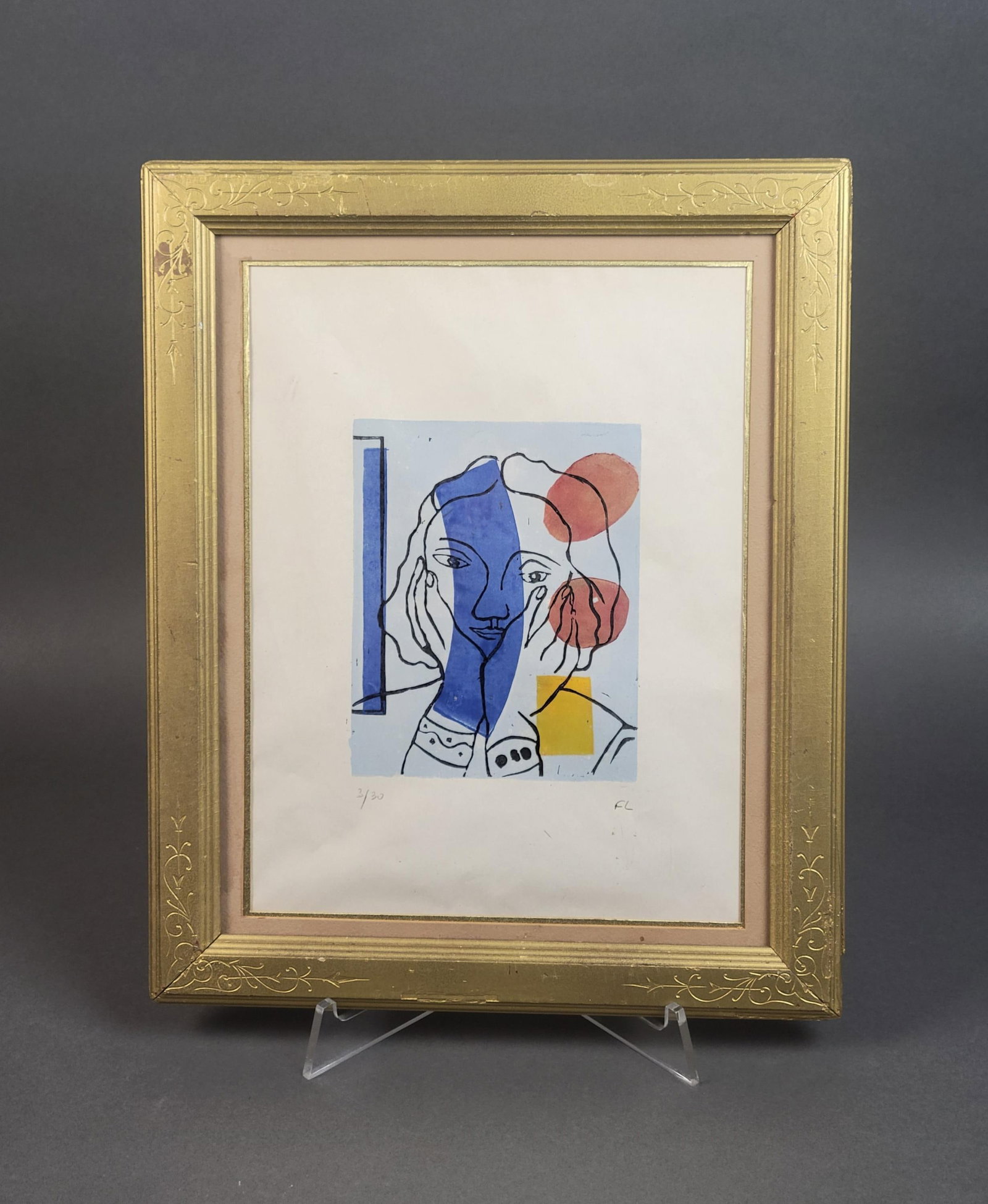 Leger, "Portrait De Femme," 1952, Serigraph.: Leger, Joseph Fernand Henri. (French 1881-1955.) "Portrait De Femme." 1952. Serigraph. Edition l.l. 3/30. Signed and initialed l.r. All in pencil. Serigraph in color, portrait of woman on blue backgro
