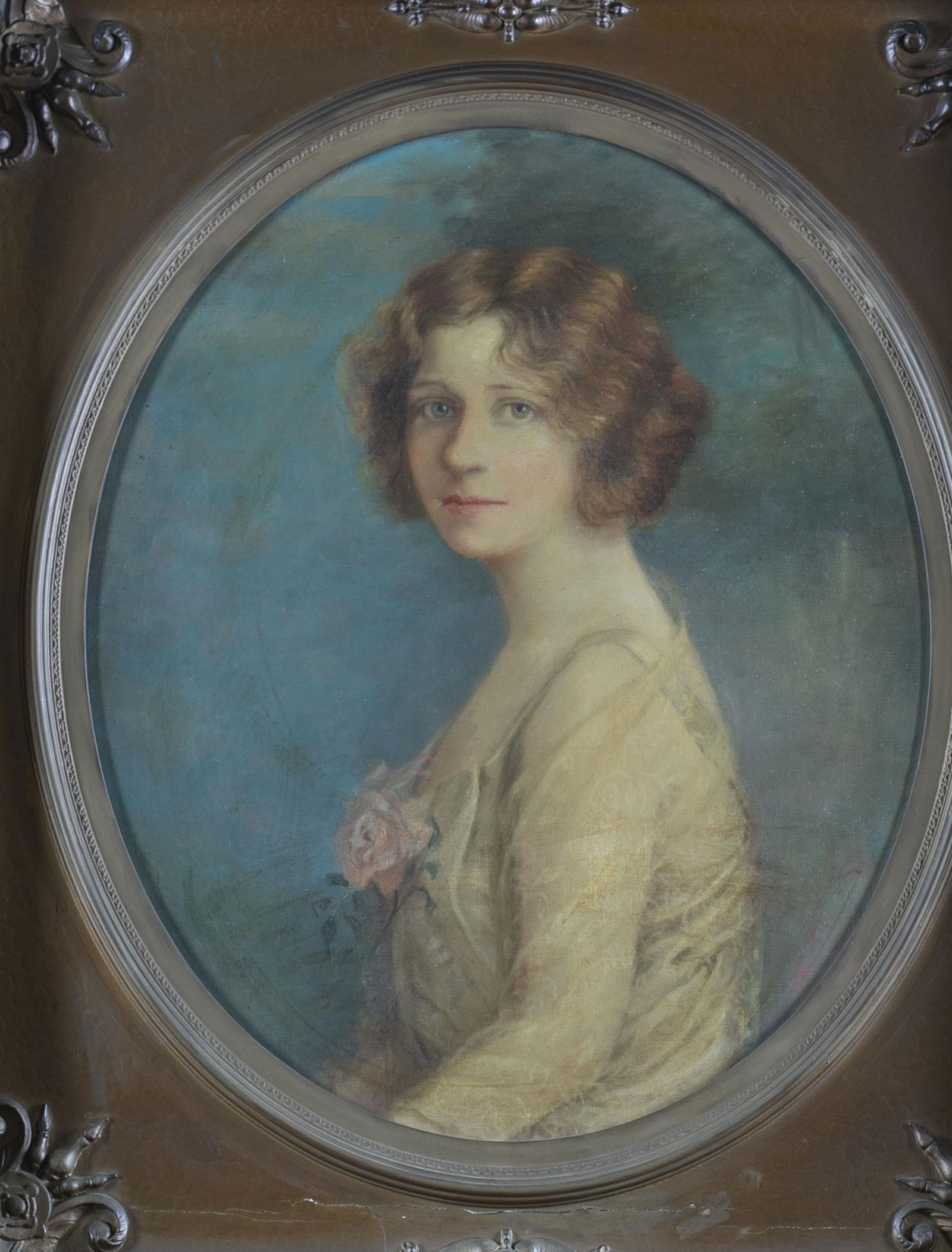 Portrait of Sarah Humphreys Chenault Buckner: A portrait of a young lady, Sarah Gibson Humphreys Chenault Buckner (1893-1983). Oil on canvas. Circa 1920's. Unsigned. Inscription on verso with family description. Inscription names Kate Helm as art