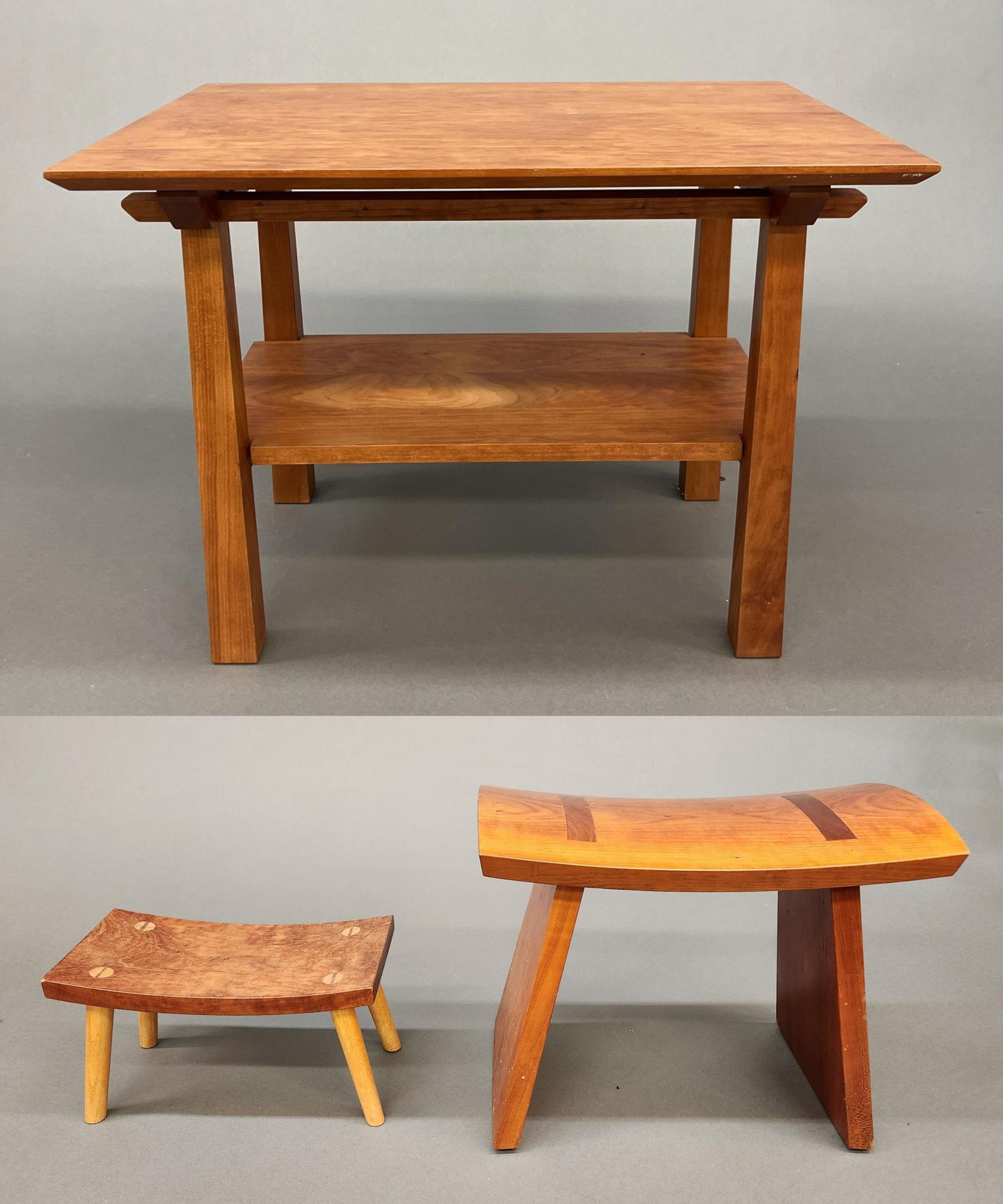 Thos. Messer foot stools and side table.: A group of two Thos. Messer foot stools and side table. ++ One walnut rocking stool. 12 1/2" x 20" x 10". ++ Walnut Crescent foot stool. 9" x 15" x 8". ++ Side table. 20" x 27".