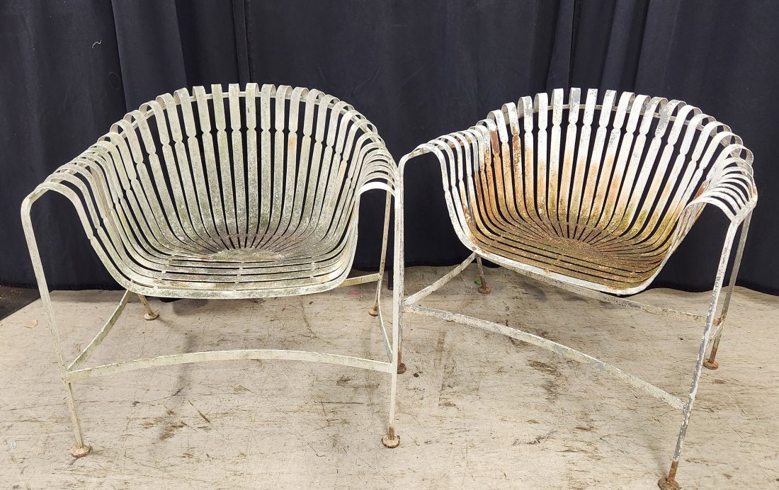 2 Woodard ''Sculptura'' iron strap armchairs: A pair of Russell Woodard ''Sculptura'' iron strap armchairs. 30" x 29 1/2" x 28"