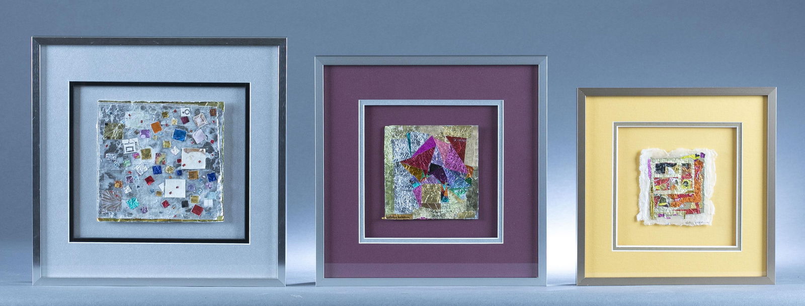 3 Gladys Goldstein works.: A group of three works by Gladys Goldstein (American, 1918-2010). Mixed media collage on paper. Signed. Largest: Frame: 13 1/4" x 13 1/2" and Sight: 6 1/2" x 6 1/2".