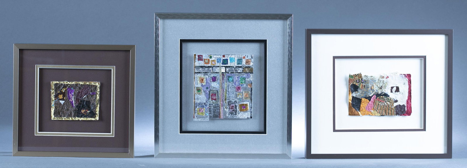 3 Gladys Goldstein works.: A group of three works by Gladys Goldstein (American, 1918-2010). Mixed media collage on paper. Signed l.l. Largest: Frame: 12 1/2" x 12" and Sight: 5 1/2" x 5".