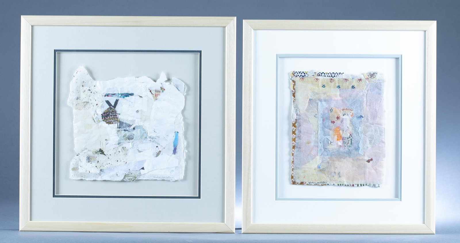 2 Gladys Goldstein works on paper.: A group of two works by Gladys Goldstein (American, 1918-2010). Mixed media collage on paper. Signed. Largest: Frame: 19" x 19" and Sight: 10 1/4" x 10 1/4".