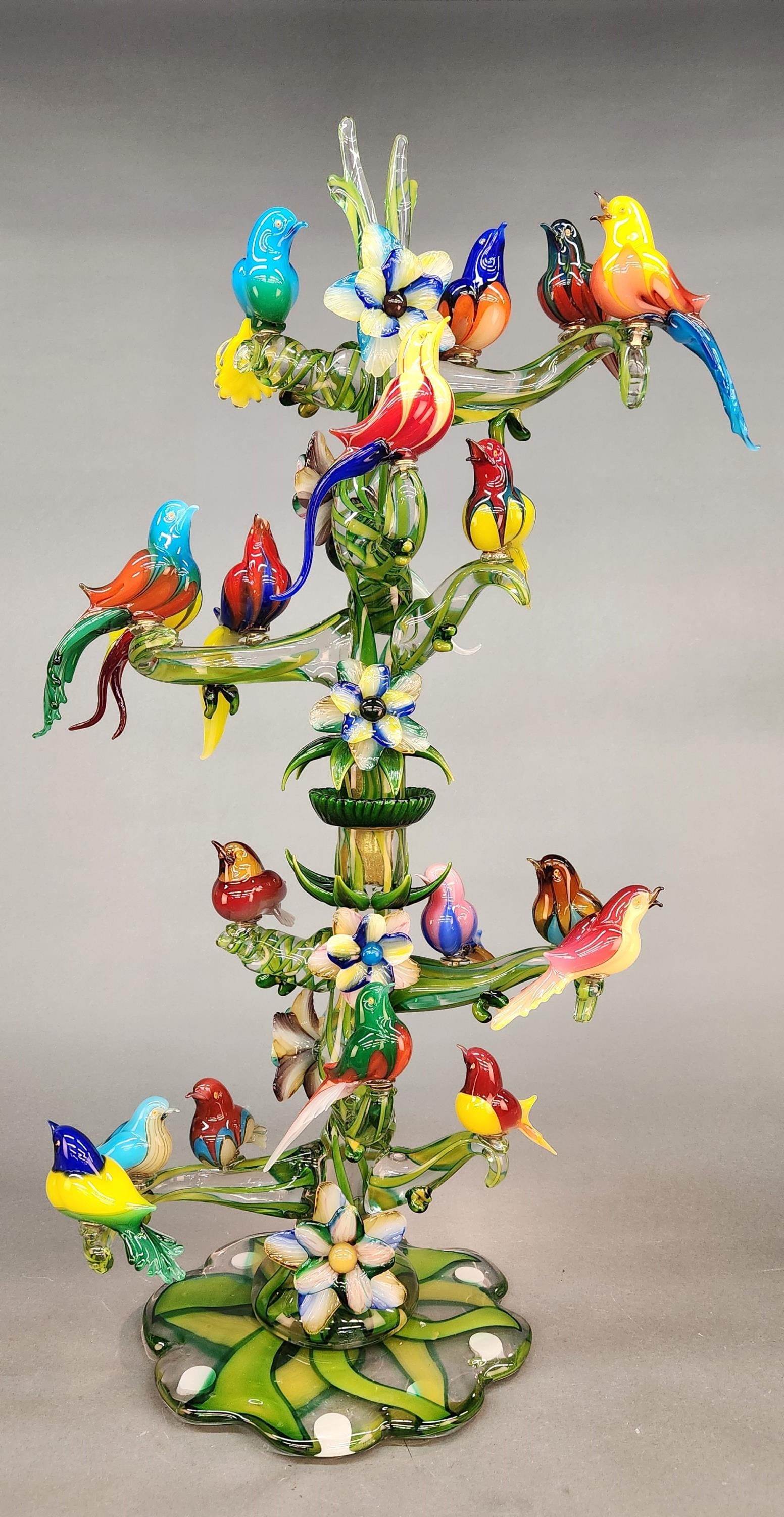 Cammozzo, Murano glass bird sculpture.: Enrico Cammozzo, (Italian, b. 1965). A Murano glass sculpture of a tree with birds sitting on the branches. 55" x 30" x 14".Inclusions, chipped beaks, chipped leaves, and one leave separated from base