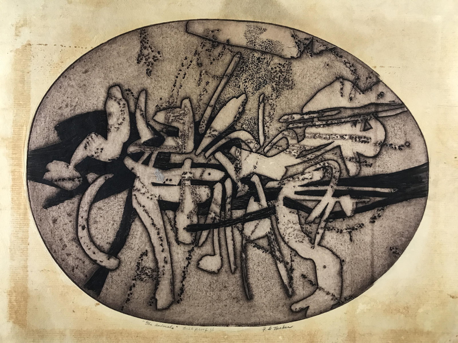 Fred Becker, The Animals, c. 1962, Etching.: Becker, Fred (American, b.1913). The Animals. Circa 1962. Etching. Signed, titled, and editioned in pencil. Trial proof 1/1. Plate" 23 1/4" x 17 1/2". Sheet: 29" x 23 1/4".Heaving toning. Some residue