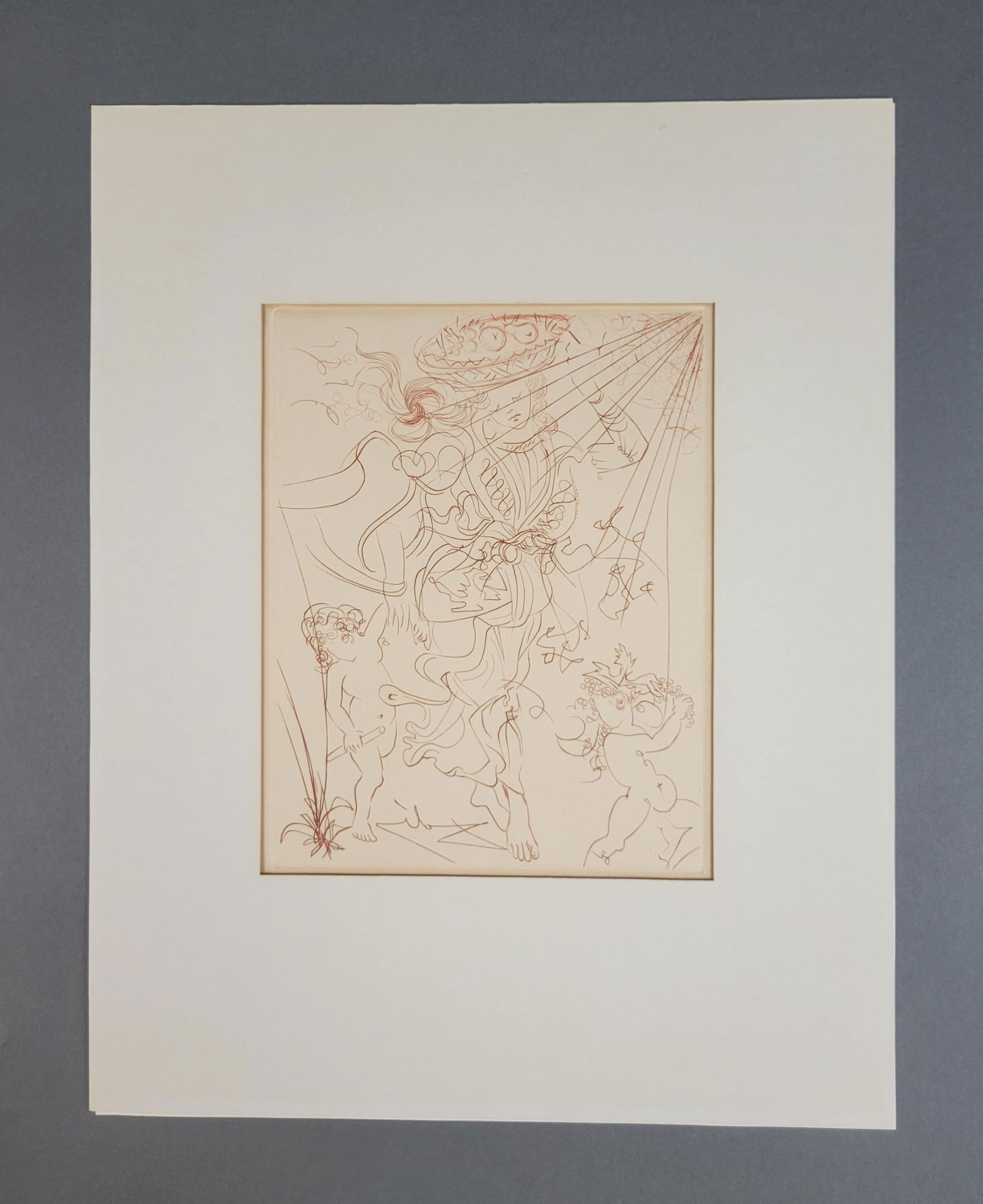 Dali, "Autumn", c. 1970, Etching.: Dali, Salvador (Spanish, 1904-1989). "Autumn." Etching. Circa 1970. Plate signed l.r. Edition out of 1000 on wove paper. Field, 70-2. Sheet size: 11 1/8" x 15". Plate size: 8" x 10 1/2".Tipped onto ma