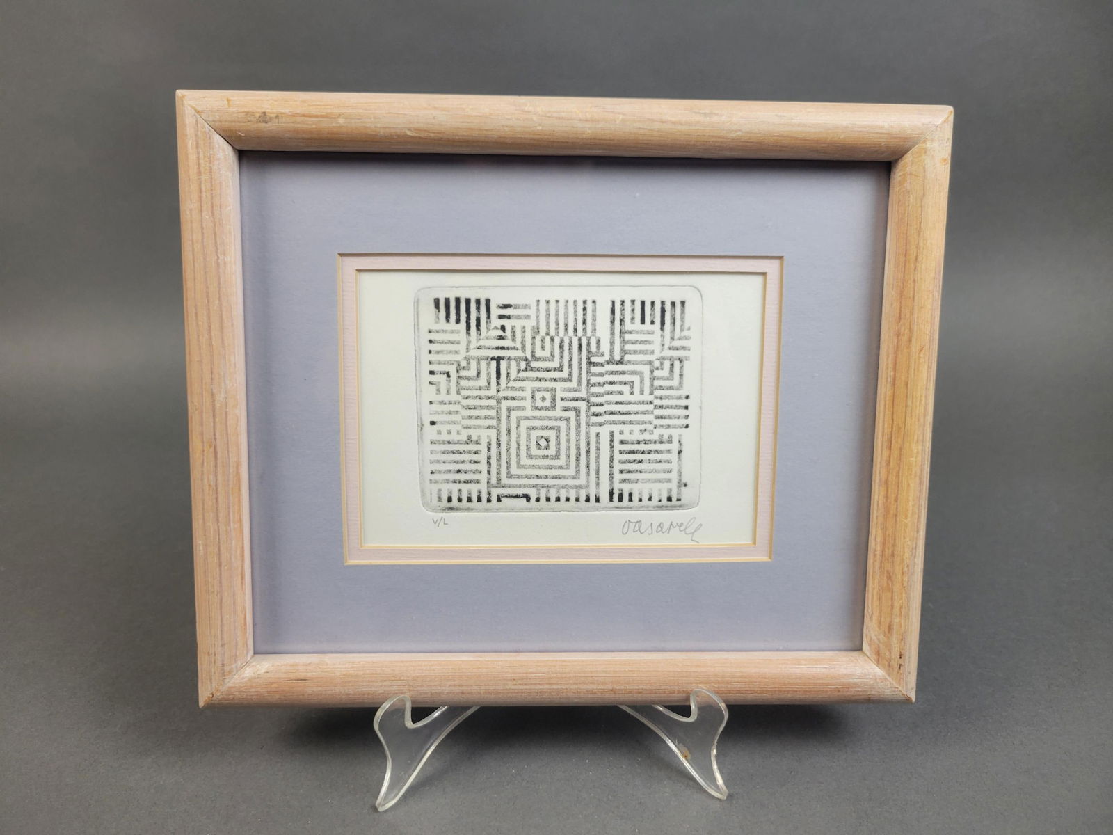 Vasarely, Untitled, Etching.: Vasarely, Victor (French-Hungarian, 1906-1997). Untitled. Soft ground etching. Date unknown. Signed l.r. Edition l.l., V/L. Both in pencil. Framed and matted. Plate size: 4 3/8" x 3 1/2". Frame size: