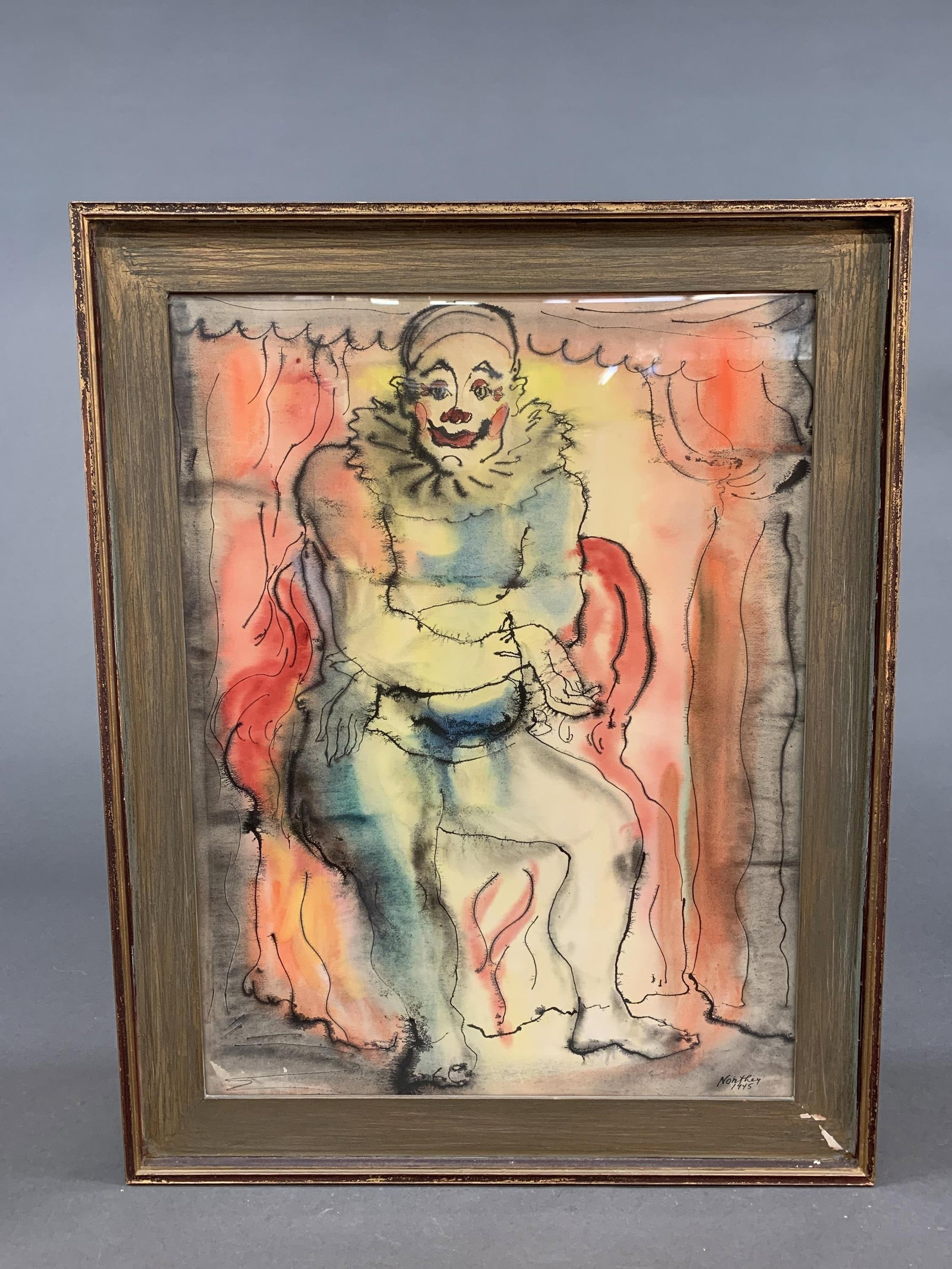 2 John Northey watercolors.: A group of two John Northey (American, active 20th c.). Woman (1945) and Clown (1944). Ink and watercolor on paper. Signed and dated. Sight: 24 1/4" x 18 1/4". Frame: 29" x 23".