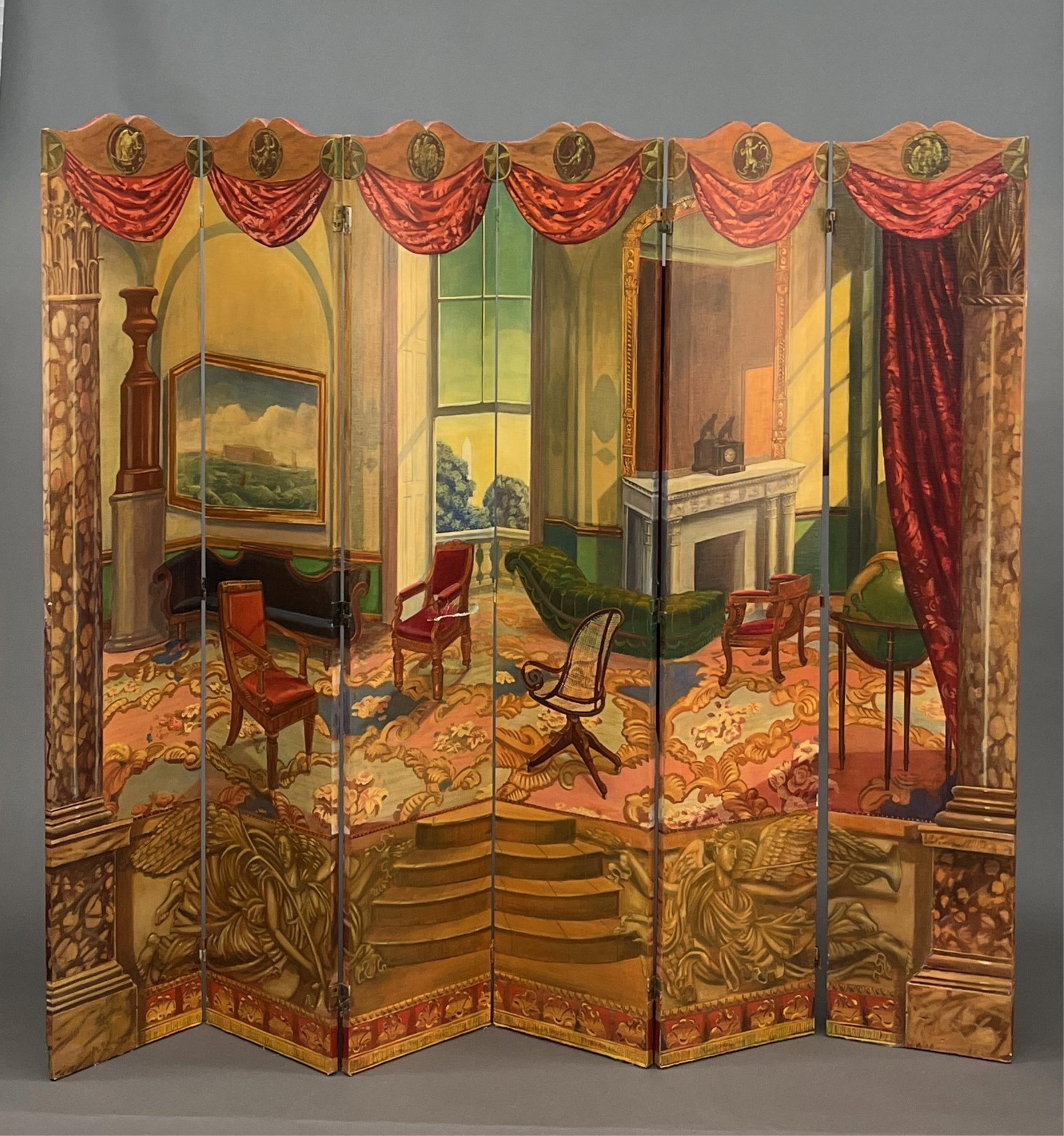 Peter Waddell folding dressing screen.: A Peter Waddell (New Zealand/ American, b. 1955) folding dressing screen. 2002. Oil on canvas with wood frame. Signed lower left panel "Peter Waddell MMII." Six panels. 71 1/2" x 14 1/4".Hole in canva