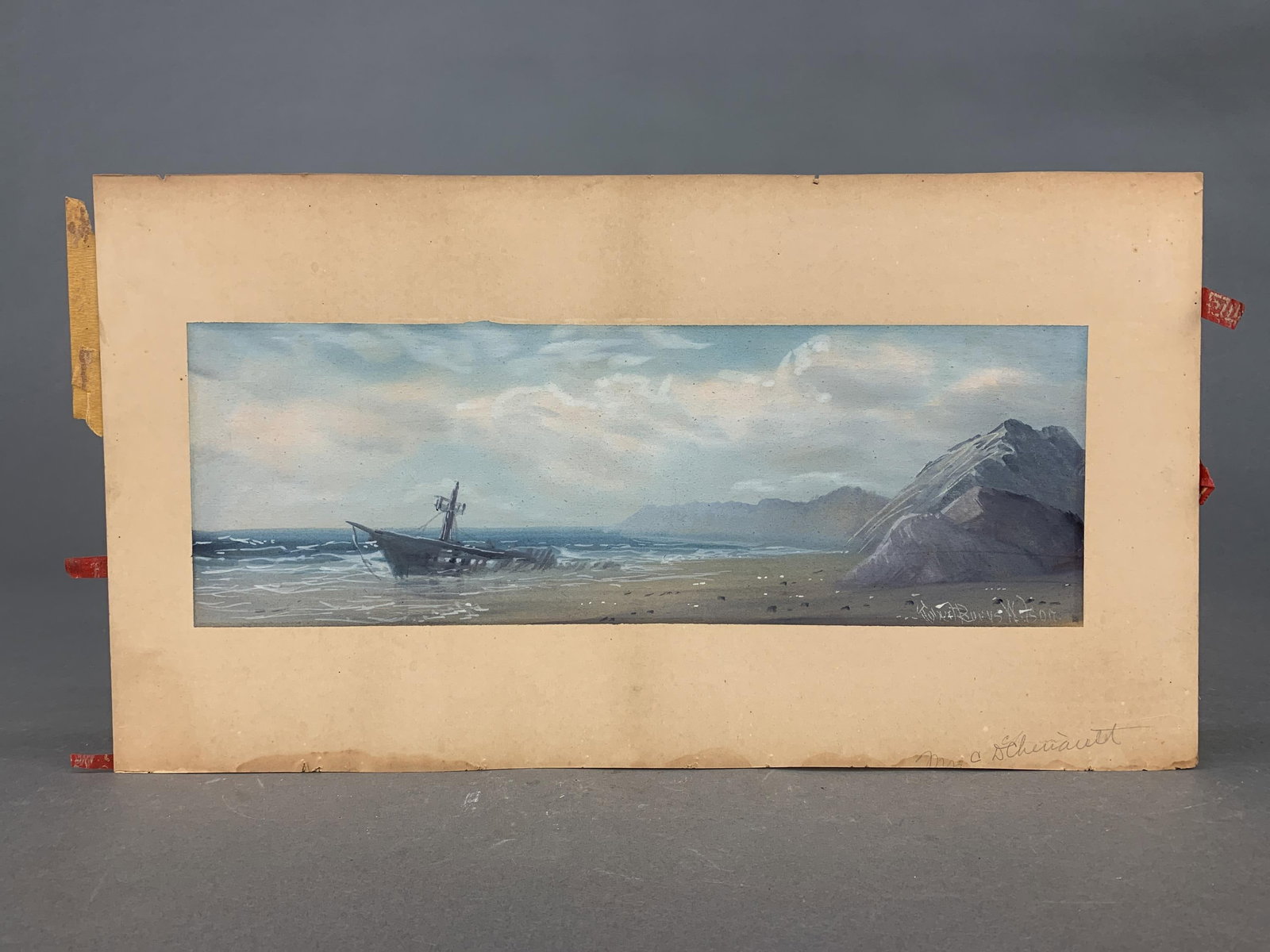Robert Burns Wilson, "The Shipwreck," WC/P.: Wilson, Robert Burns (American, 1851-1916). "The Shipwreck." Watercolor on paper. Signed l.r. 12" x 24".