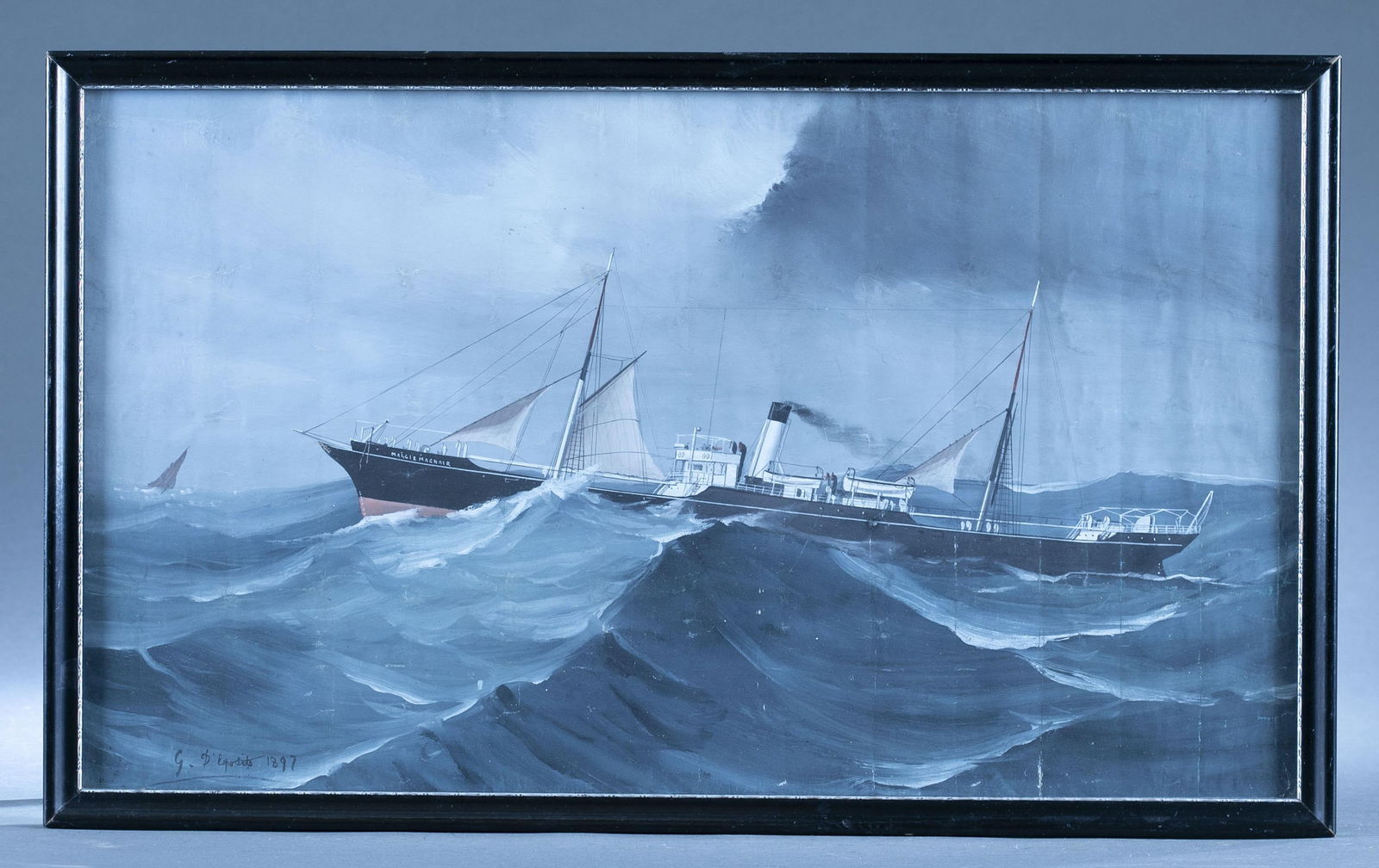 Gaetano Esposito, Ship, 1897.: Esposito, Gaetano (Italian, 1858-1911). A scene of the ship Maggie Macnair in rough waters. 1897. Gouache on paper. Signed and dated l.l. Sight: 13 1/2" x 23 1/2". Frame: 15" x 25".