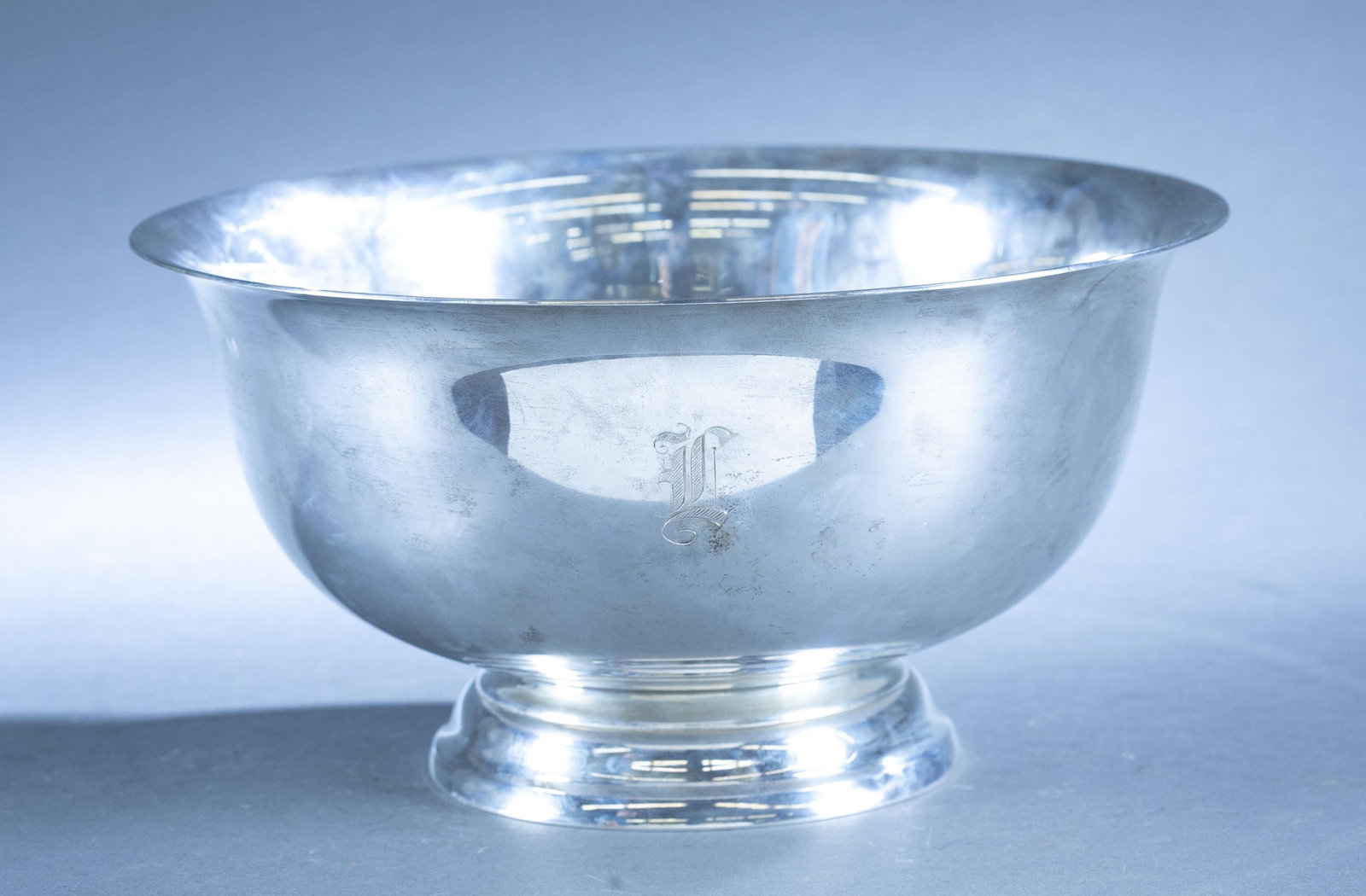 Reed & Barton, Paul Revere sterling punch bowl.: A Reed and Barton Paul Revere sterling silver punch bowl. Monogrammed. 6 1/2" x 12 3/4". 53.96 ozt.