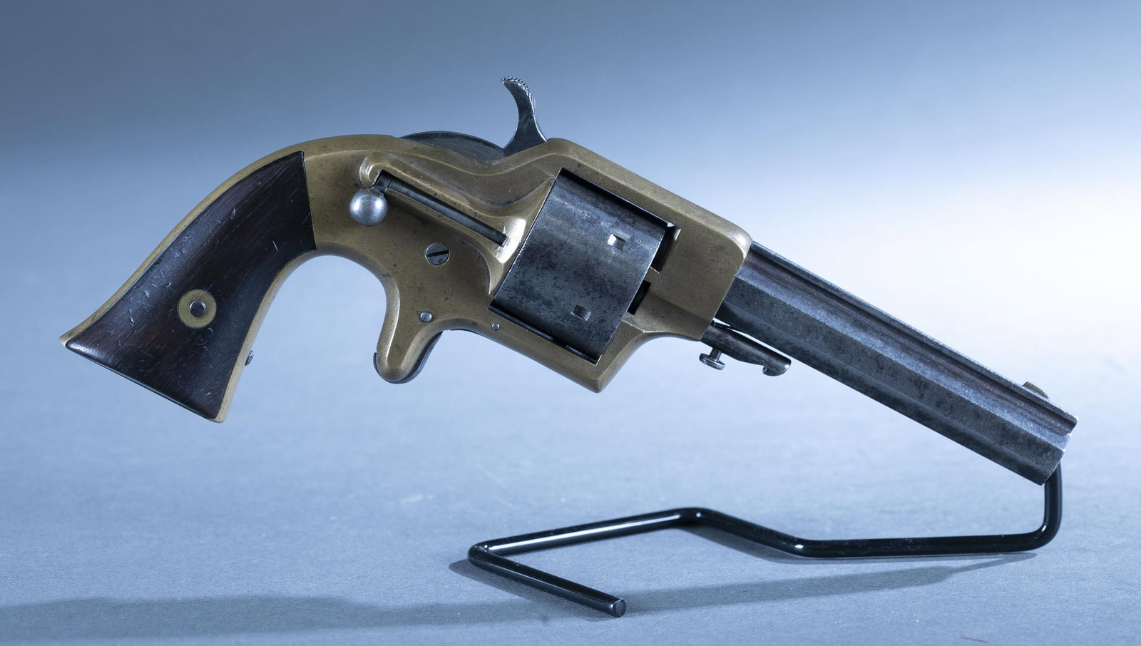 Plants Mfg. Co. Army Revolver, 42 cal.: A Plants Manufacturing. Co. Front Loading Army 3rd Model Type 1 six shot single action Pocket Revolver, 42 caliber cup primed. Silverplated with brass frame. Cut down 4 1/2" octagon ribbed barrel. Ros
