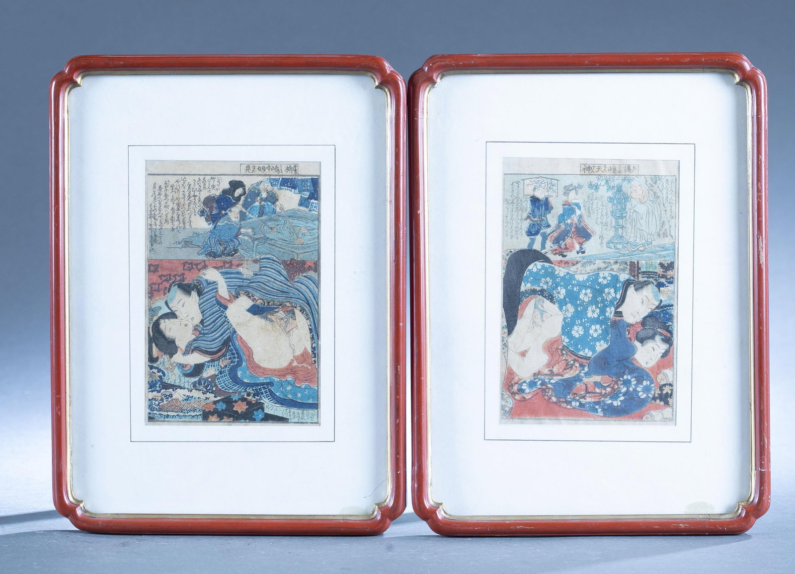2 Japanese Utagawa School Shunga woodblocks.: A group of two Japanese Utagawa School Shunga erotic woodblocks. Frame:11 3/4" x 8 1/2". Sight: 6 1/2" x 4 1/4".