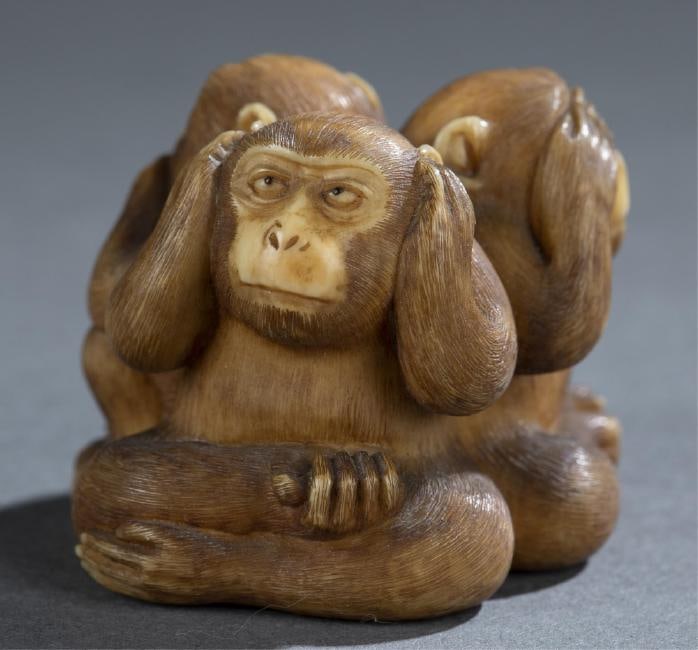 Netsuke of Samirki-Saru, 19th c., Ikkosai.: An ivory netsuke of Samriki-Saru. Japan. 19th century. Signed Ikkosai. 1 1/2" x 2 2/5". Provenance: "Ex The Harry Glass Collection, Long Island, NY. Purchased 12/6/1978 - Sotheby's Parke-Bernet Sale 4
