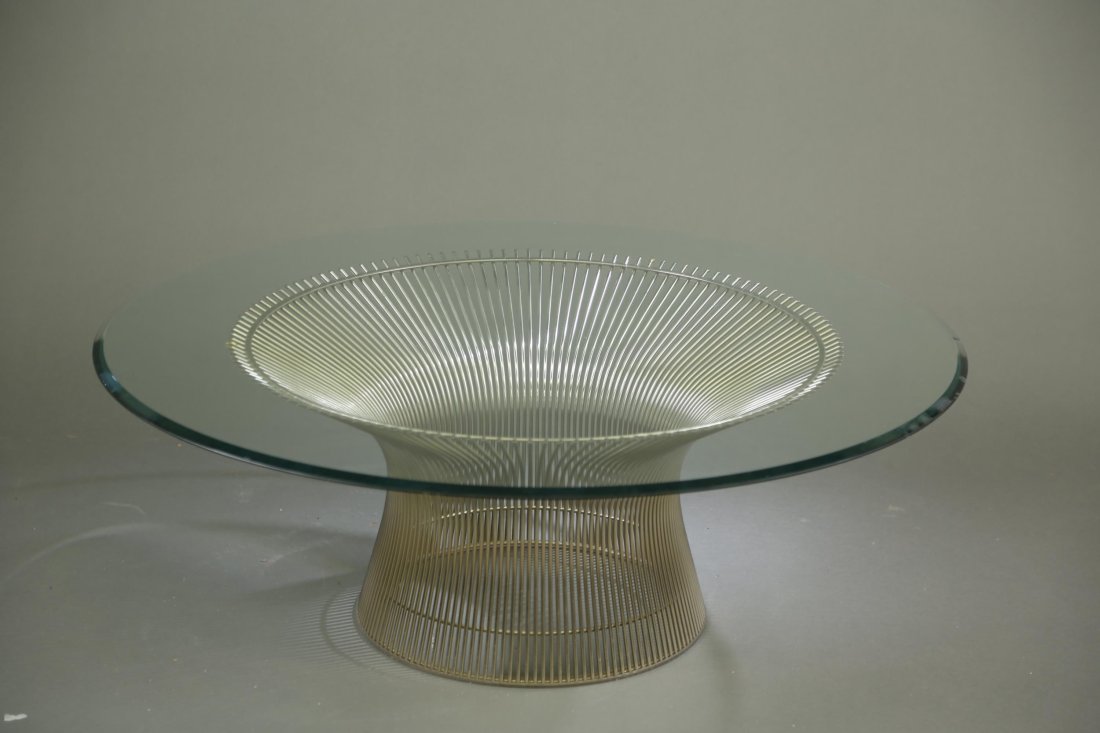 Warren Platner style wire glass topped table.: A Warren Platner style wire glass topped coffee table. 43" glass top. Table: 14 1/2" x 30". Multiple chips on edge of glass top.
