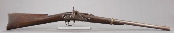 Civil War era single shot percussion carbine. Marks: Marks on lock forward of the hammer, "J. H. MERRILL BALTO. / PAT. JULY, 1858 / APL. 9. MAY 21 - 28 - 61". Breech lever is marked "J. H. MERRILL BALTO. / PAT. JULY, 1858". GUNS WILL BE SOLD ONLY TO VIR