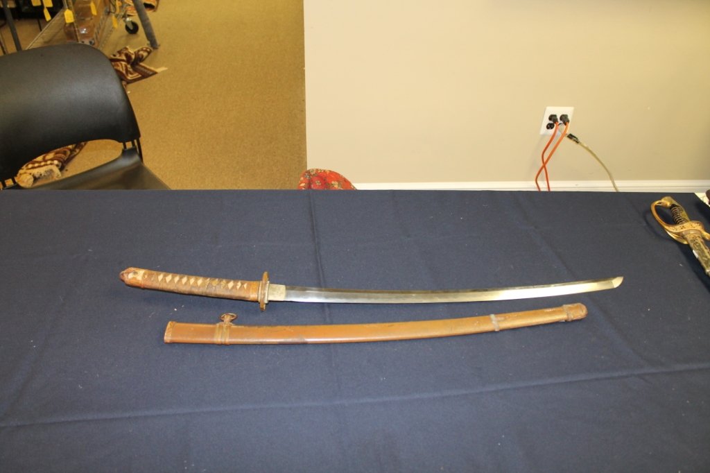 Japanese WWII Navy Kai-gunto Samurai sword. Shagree: Shagreen handle with mixed metal tsuba. Spring release at handle. Blade 26 1/2".