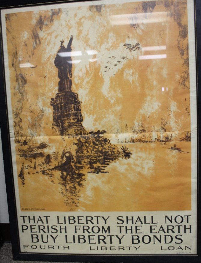 Original WWI bonds poster by Joseph Pennell. Fourth: Fourth Liberty Loan war bonds poster. "That Liberty Shall Not Perish From the Earth Buy Liberty Bonds". Frame 43 1/4" x 32 1/4". Frame 43 1/4" x 32 1/4".