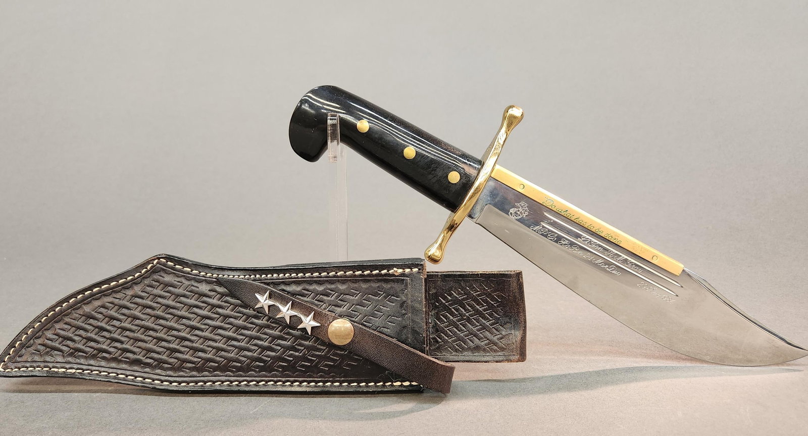 Gen. Gray inscribed Case XX 1836 Bowie knife: A General Alfred M. Gray Jr. inscribed Case XX 1836 Bowie knife. 9 1/2' blade marked on right side "Do what has to be done"/ Lt. Gen. A.M. Gray/ MP Co. Hq Bn 2d MarDu 29 Aug 1984" with Marines emblem.