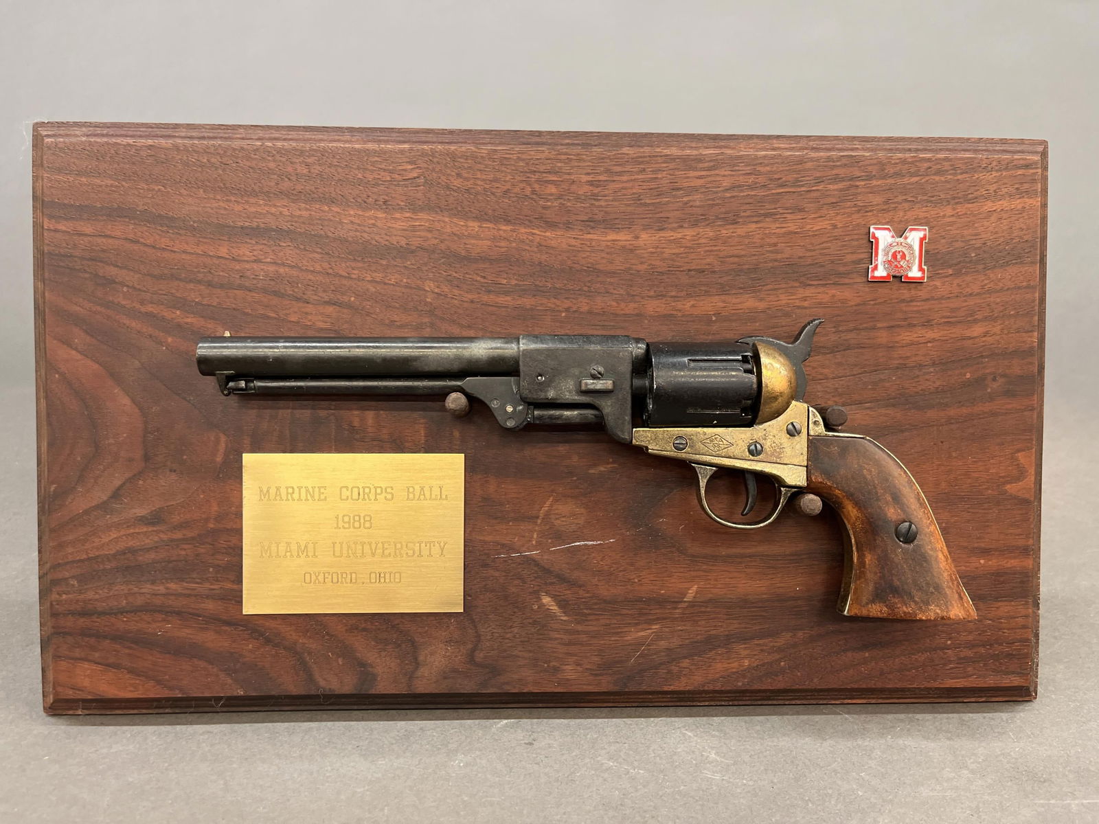 Gen. Gray replica Griswold & Gunnison revolver: A General Alfred M. Gray Jr. Denix BKA 98 replica Griswold & Gunnison revolver. Presented at Miami University 1988 Marine Corps Ball.10 1/4" x 18". Provenance: From the estate of U.S.M.C. Four Star Ge