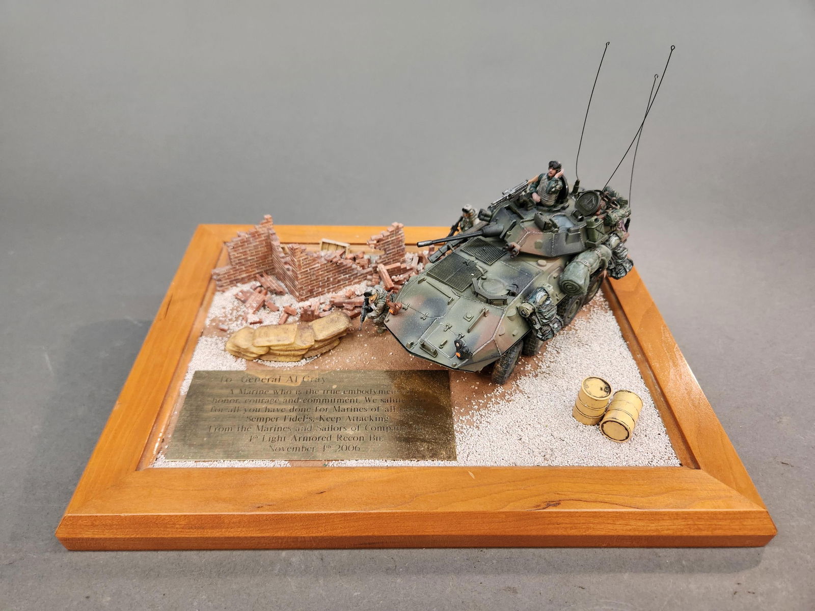 Gen. Gray U.S.M.C. LAV-25 diorama: A General Alfred M. Gray Jr. U.S.M.C. LAV-25 diorama. Presented 4th Light Armored Recon Battalion in 2006. 8" x 13 3/4" x 10 3/4". Provenance: From the estate of U.S.M.C. Four Star General Alfred M. G