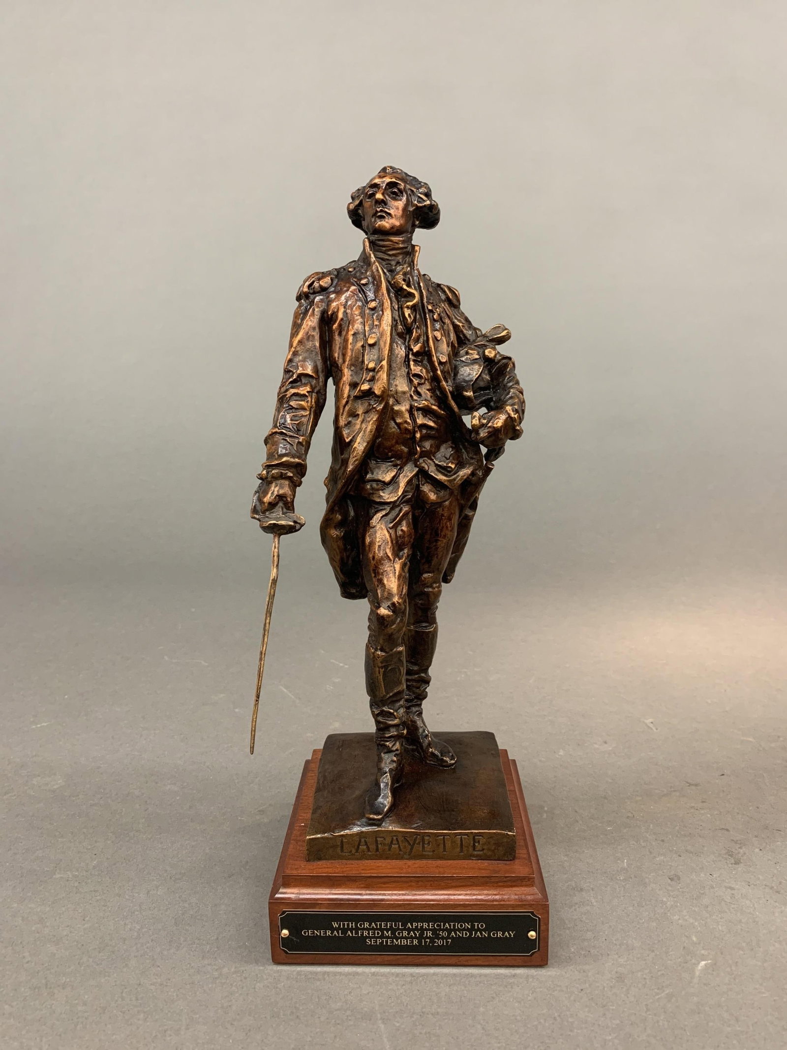Gen. Gray Lafayette College presentation bronze.: After Aime-Jules Dalou (French, 1838-1902). A reproduction of the 1881 bronze sculpture of Marquis de Lafayette presented to General Alfred M. Gray Jr. as a most distinguished benefactor to Lafayette 