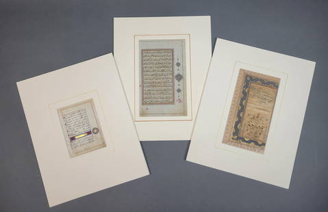 Three Qur'an Illuminated Leaves.: [Manuscript/Religion] Three pages hand written illuminated Qur'an pages. All items are mounted on archival matting and hinged on top corners with archival tape. ++ 19th century Qur'an leaf from