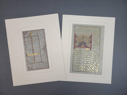 2 Persian Illuminated Book Leaves.: [Manuscript/Religion] 2 pages from illuminated Persian books, written in Classical Farsi, Nastiq calligraphy. All items are mounted on archival matting and hinged on top corners with archival tape.