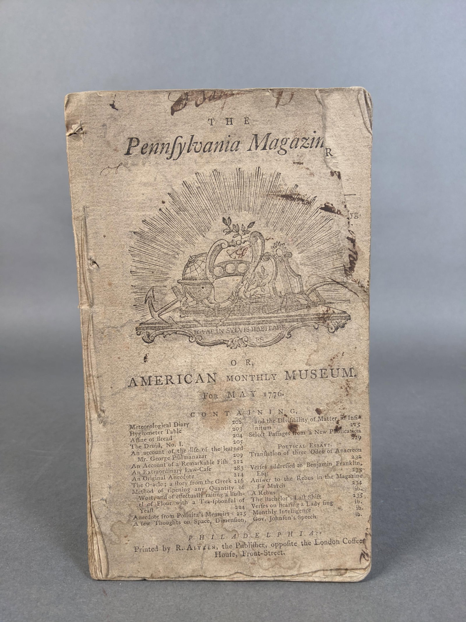 The Pennsylvania Magazine...May 1776.: [Thomas Paine, editor] The Pennsylvania Magazine: or, American Monthly Museum for May 1776. R. Aitken, Philadelphia, early June 1776. Original wraps, sewn bound. [4], 205-248 pp. With an article by Re