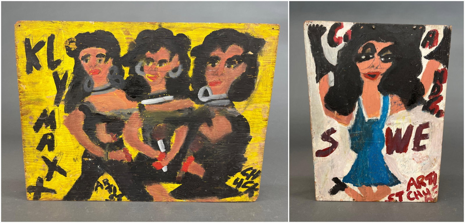 Artist Chuckie, Double sided painting.: Williams, Artist Chuckie (Louisiana, 1957-2000). "Klymaxx" and "C. Andle Swe." Double sided painting. Paint on found wood panel. Signed and titled. 26 1/2" x 19 1/2". Provenance: The Pete Cecere Folk