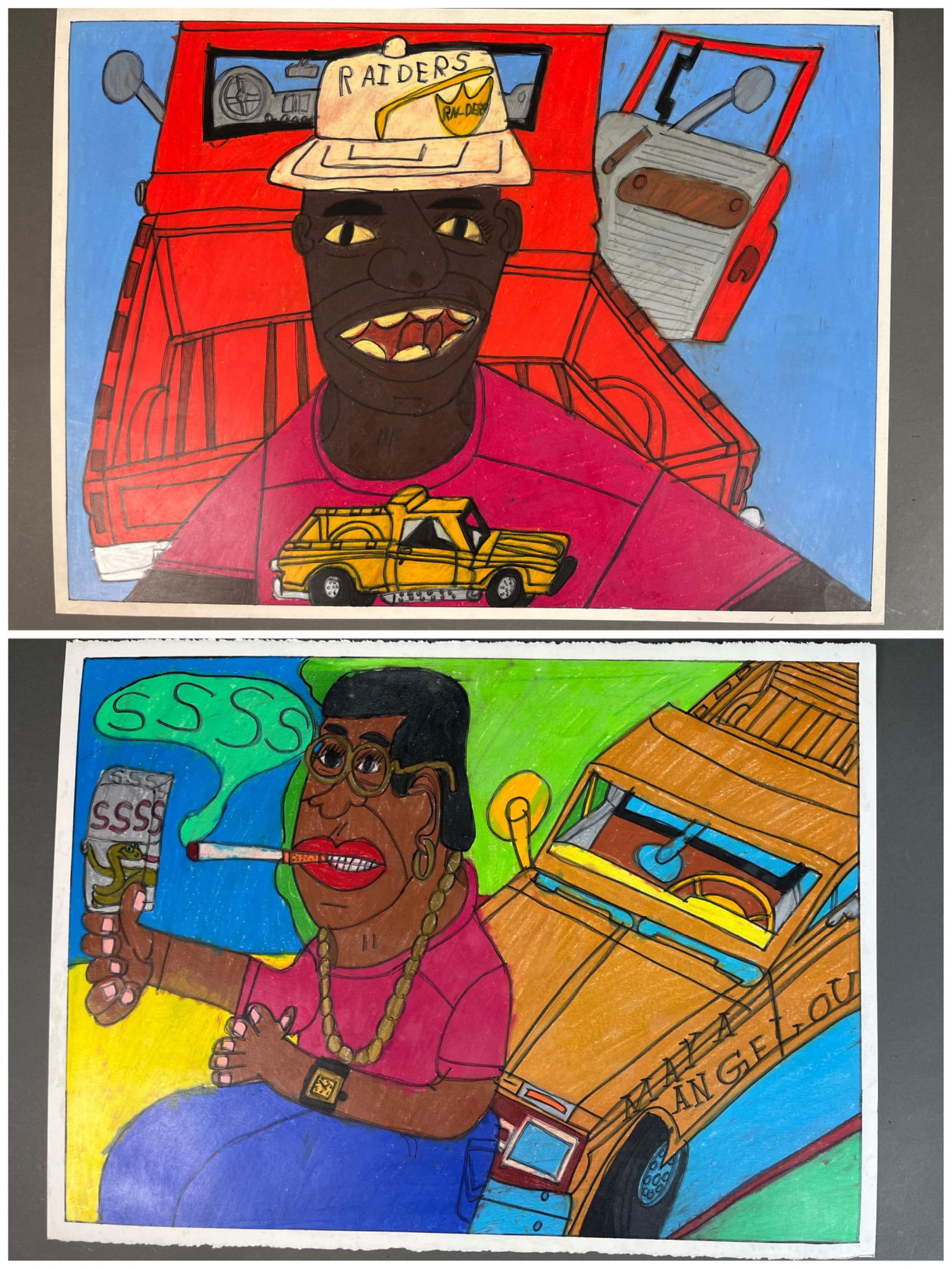 2 John Martin artworks.: A group of two John Martin (Mississippi/Oakland b. 1963). Oil pastel and marker on paper. "Melvina Martin lighting the Cigarette," 2002 and "A Man with his Truck," 1999. Signed, dated, and titled on v