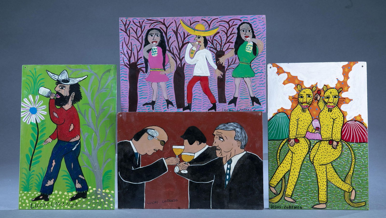 Lorenzo, 4 Paintings, A/B.: Lorenzo, Lucas (Mexico, 20th/21st century). A group of four paintings. Acrylic on board. Signed. 8" x 12". Provenance: The Pete Cecere Folk Art Collection.
